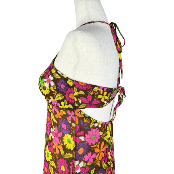 90s Free People Dress 2 Floral Halter Maxi Linen Cotton Festival Boho Summer - Picture 4 of 13